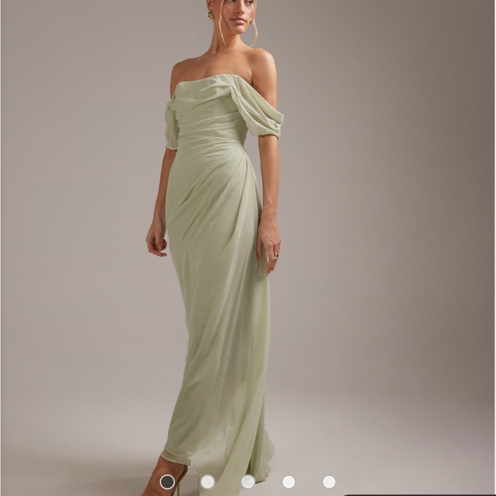 ASOS Design georgette bardot bridesmaids dress in sage green